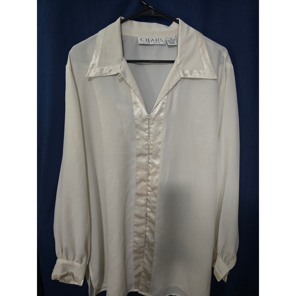 Chaus Woman Vintage Ivory Cream Satin Trim Button Down Blouse Top Size 20